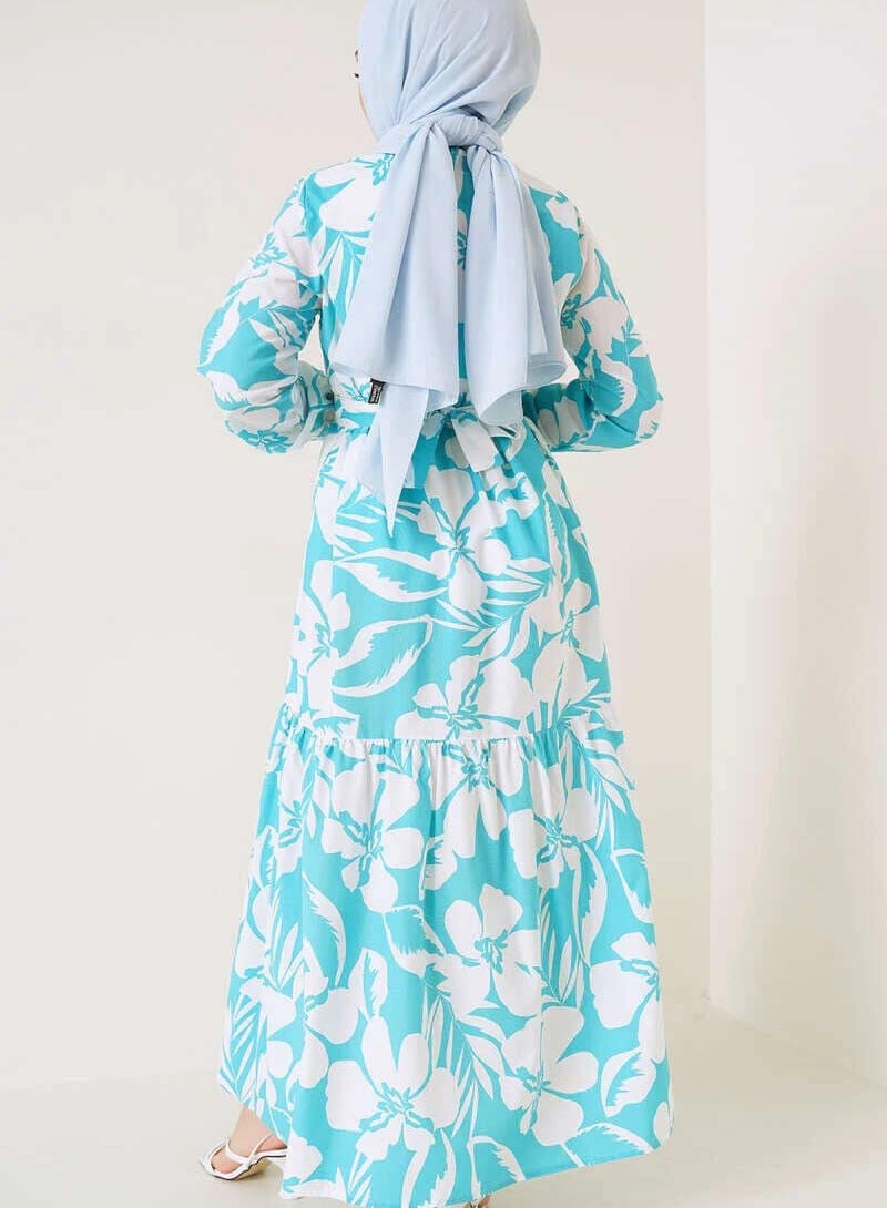 Cotton printed long dress,comfortable to wear, turquoise  - Image 4