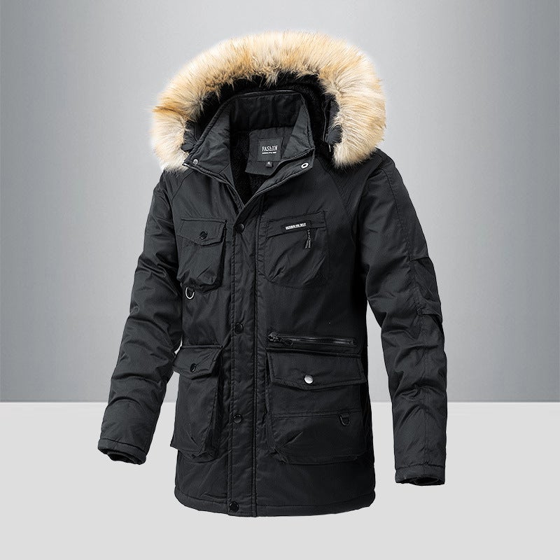 Autumn and winter new mens windbreaker Korean slim fit mid-length thick hooded coat plus size casual mens trendy top Black