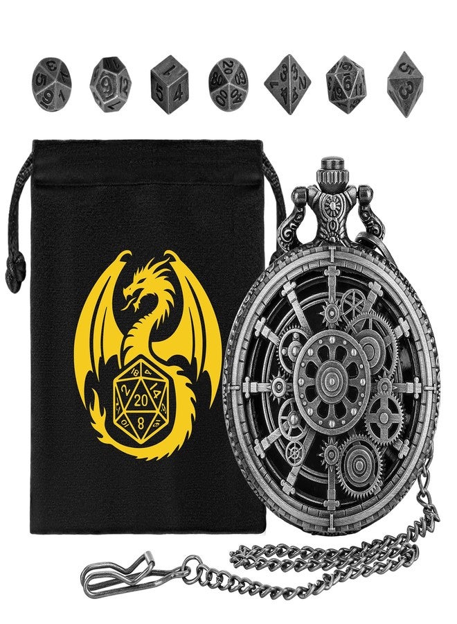 DND DADO Mini Dice Set, Steampunk Hollow Gear Pocket Watch Case, 7 D&D Polyhedral Metal Dice, DND Gifts with Dragon Logo Gift Bag, RPG, Board Game Accessories, Dark Silver - Image 1