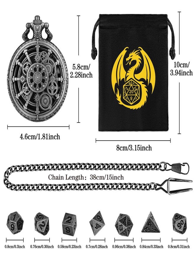 DND DADO Mini Dice Set, Steampunk Hollow Gear Pocket Watch Case, 7 D&D Polyhedral Metal Dice, DND Gifts with Dragon Logo Gift Bag, RPG, Board Game Accessories, Dark Silver - Image 2