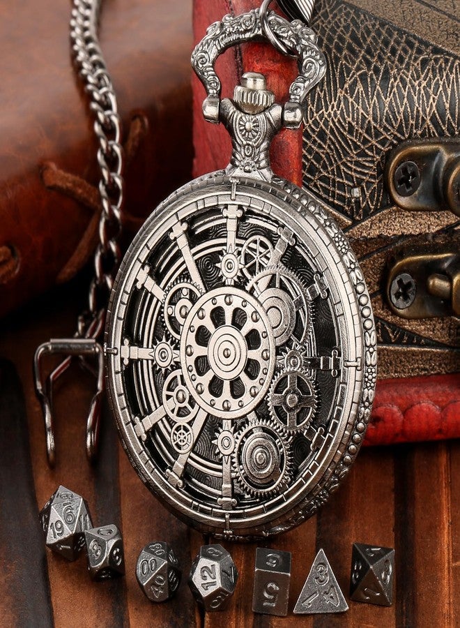 DND DADO Mini Dice Set, Steampunk Hollow Gear Pocket Watch Case, 7 D&D Polyhedral Metal Dice, DND Gifts with Dragon Logo Gift Bag, RPG, Board Game Accessories, Dark Silver - Image 4