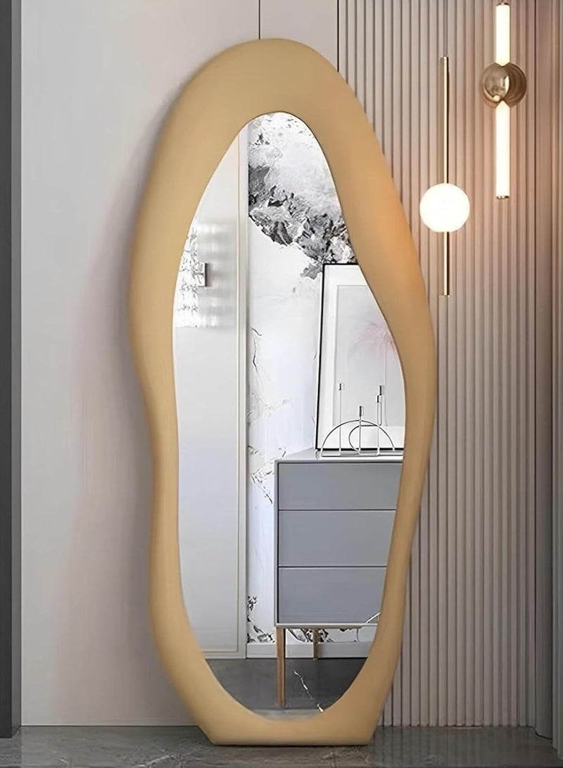 ديكور هيلز مرآة كاملة الطول - مرآة بتصميم عصري متموج غير منتظم مع إطار من قماش مخملي بيج، ومرآة قابلة للطي مع حامل وخيار التثبيت على الحائط لغرفة النوم وغرفة المعيشة وغرفة الملابس - Image 5