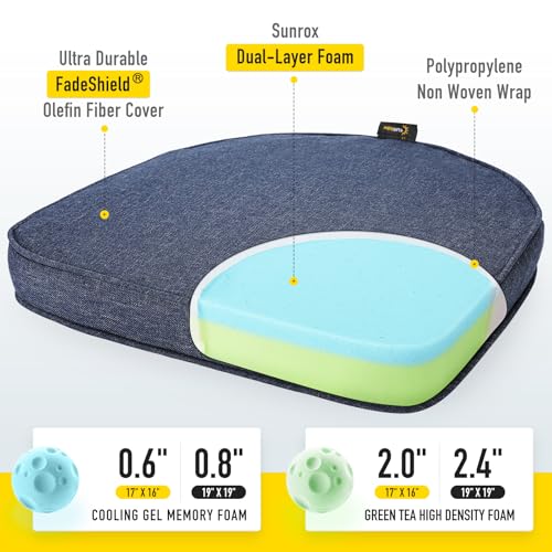 SUNROX Gel Memory Foam Chair Cushions, FadeShield Water-, Stain-Resistant Durable Reversible Seat Cushion Pads with Ties for Indoor/Outdoor Kitchen Dining Office, 17"x16", Set of 6, Heather Indigo - Image 2