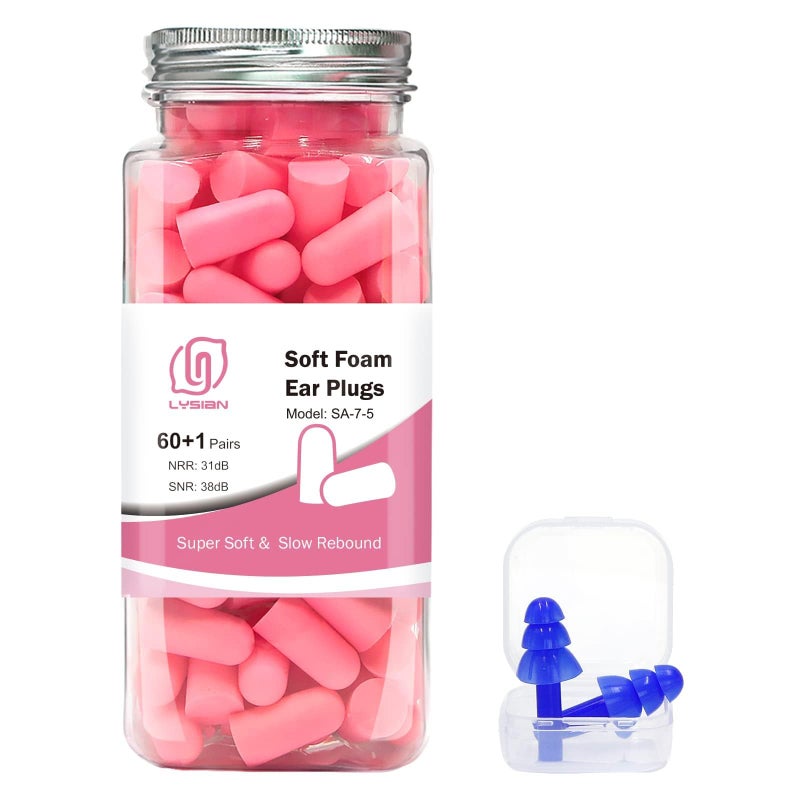 LYSIAN Ultra Soft Foam Ear Plugs for Sleep Noise Reduction 38dB Noise Cancelling Earplugs for Sleeping Snoring Shooting Travel Women60 PairsPink Color