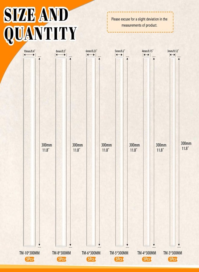 Rustark 30Pcs 6 Sizes Acrylic Dowel Rods Assortment Kit 300mm L 3mm-10mm Dia Clear Rods Clear Sticks Transparent Round Stick for Model Making DIY Crafts - Image 2