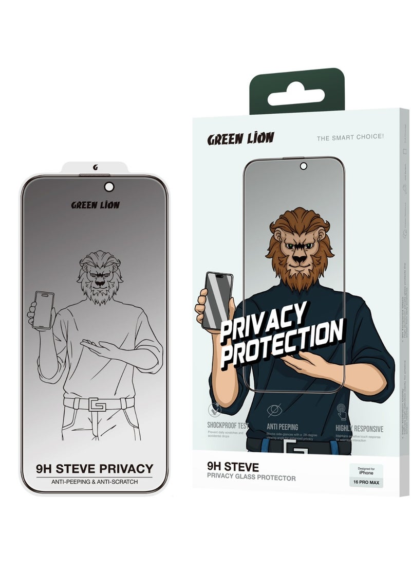 GREEN LION - iPhone 16 Pro Max Screen Protector 9H Steve Privacy Glass Protector / Anti-Peeping / Anti-Scratch / Highly Responsive / Shockproof Test / Anti-Fingerprint - Black Edge/Privacy - Image 1