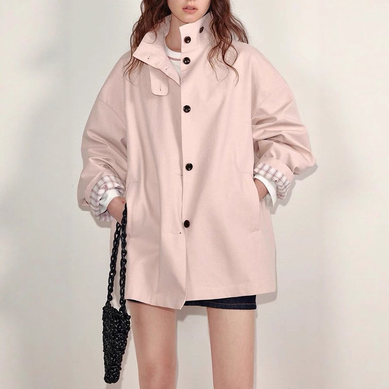 Women's Short Peach Pink Trench Coat with Oversized Fit and Cotton Blend - Image 4