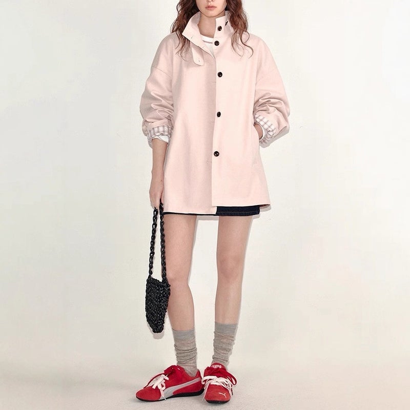 Women's Short Peach Pink Trench Coat with Oversized Fit and Cotton Blend - Image 5