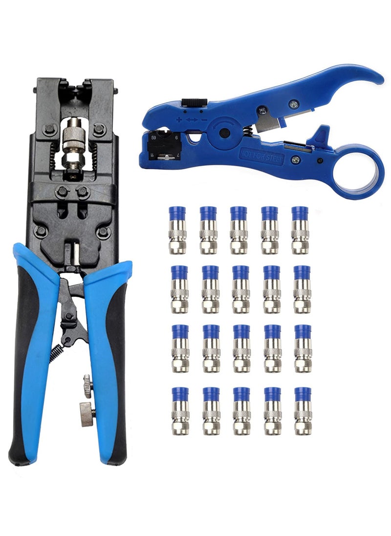 SYOSI Multifunctional Coax Compression Connector Crimper Kit with 20 F Connectors and BNC Compression Tool for RG59 RG6 RCA TV Cable Repair, Coaxial Cable Crimping Tool, Adjustable Tool Set