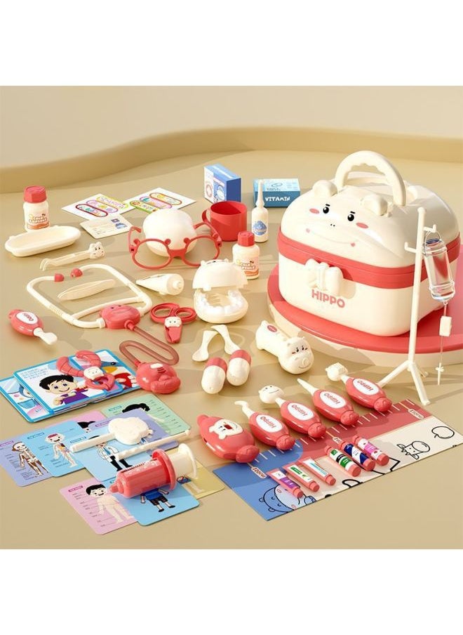 Simulation Children's Medicine Box Toys Full Set Of Small Doctor Equipment Children's Toys Girls Children's Toolbox-Colour:Regular Pack [pink Hippo Storage Box] 58-piece Set-Specification:Standard Version  - Image 1