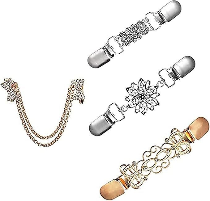 4 Pieces Sweater Clips for Women Girls Retro Cardigan Collar Clips Set Hollow Flower Pearl Dresses Sweater Shawl Cardigan Collar Clip