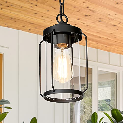 LALUZ Outdoor Pendant Light, Matte Black Exterior Hanging Lantern, Anti-Rust Outdoor Hanging Light Fixture with Clear Glass, Farmhouse Outdoor Porch Chandelier for Gazebo, Patio, Yard, 10” - Image 1