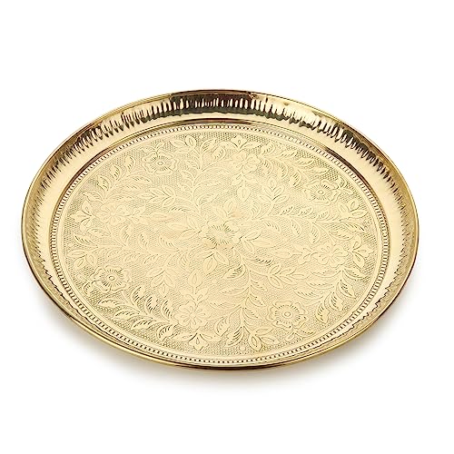 DOKCHAN Handmade Pure Brass Puja Thali with Flower Embossed Design (Gold, Inch) (6 Inch) - Image 1