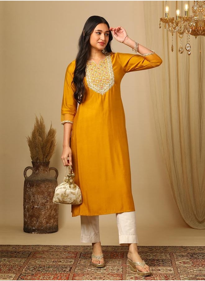 Globus Women Yellow Zari Embroidered Yoke Round Neck Straight Calf Length Ethnic Kurta - pzsku/Z411981617E4E84A56F7DZ/45/_/1740487938/1f61f4e5-ae20-498d-9d85-96a9e30f80f5