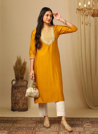 Globus Women Yellow Zari Embroidered Yoke Round Neck Straight Calf Length Ethnic Kurta by Styli - pzsku/Z411981617E4E84A56F7DZ/45/_/1740487938/1f61f4e5-ae20-498d-9d85-96a9e30f80f5
