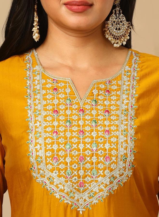 Globus Women Yellow Zari Embroidered Yoke Round Neck Straight Calf Length Ethnic Kurta by Styli