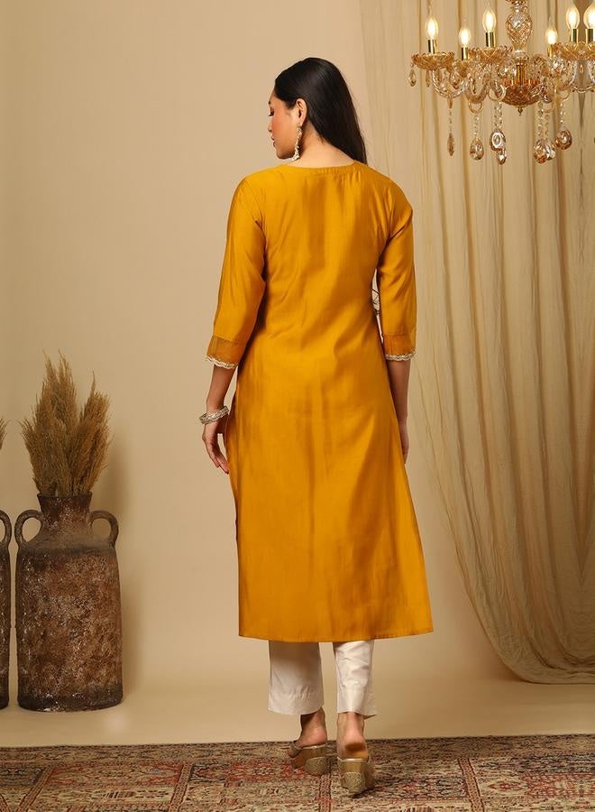 Globus Women Yellow Zari Embroidered Yoke Round Neck Straight Calf Length Ethnic Kurta by Styli