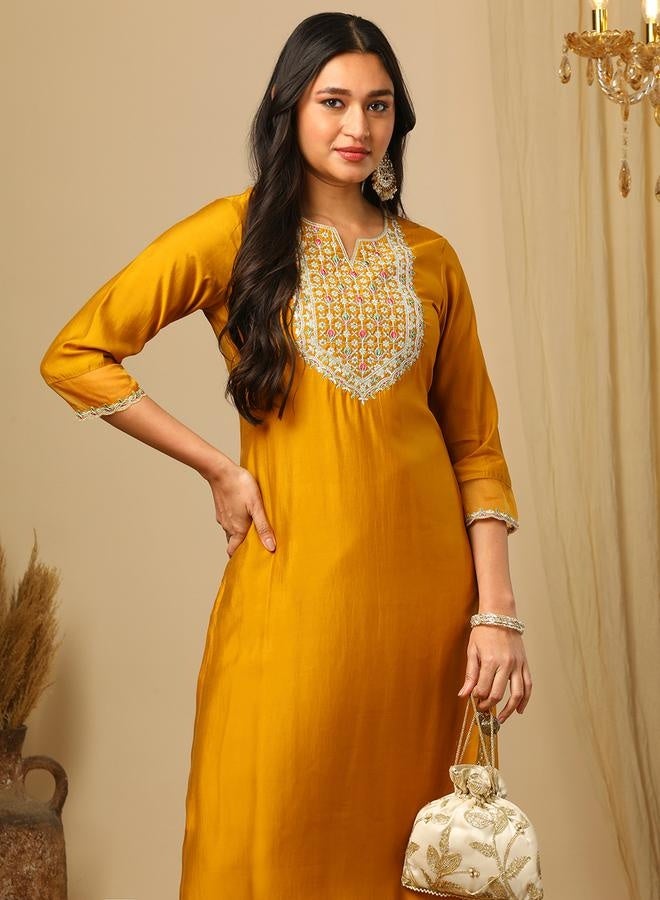 Globus Women Yellow Zari Embroidered Yoke Round Neck Straight Calf Length Ethnic Kurta by Styli