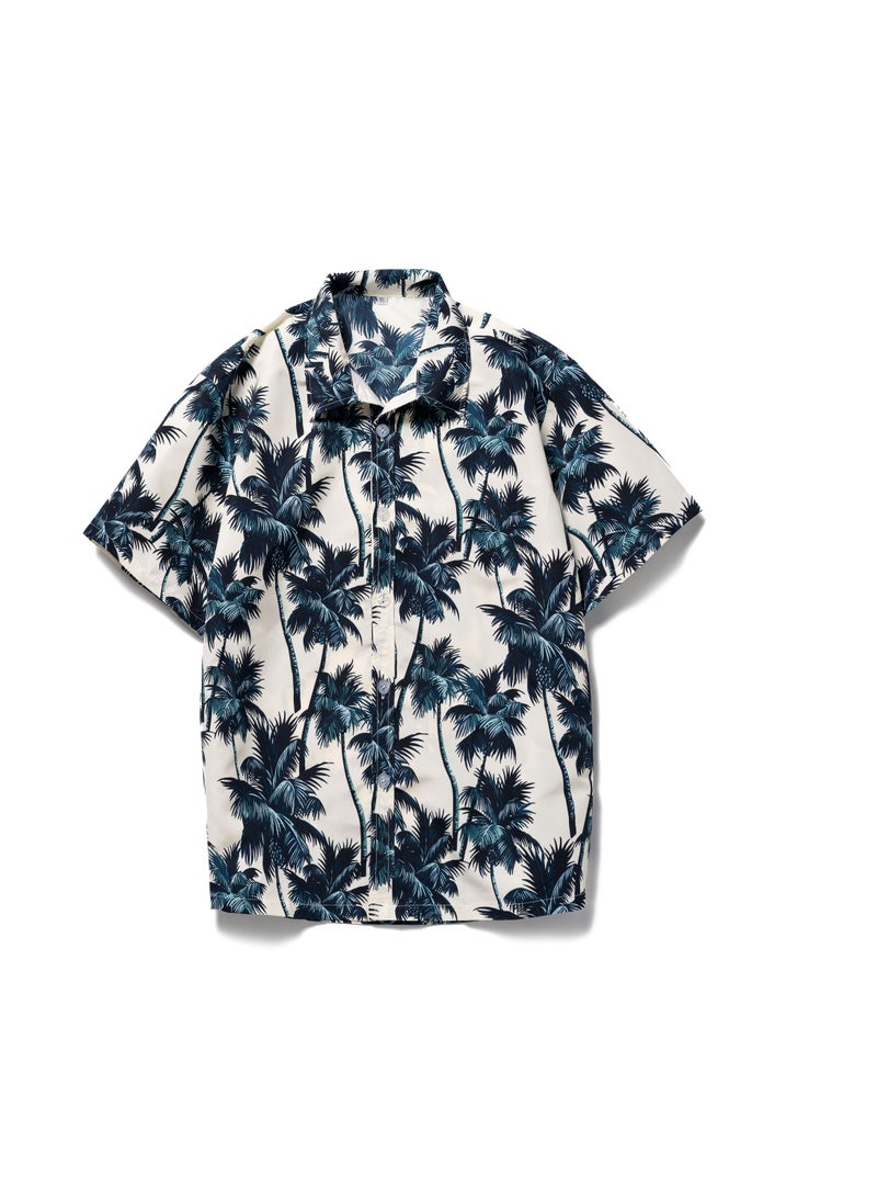 Loquat Leaves Printed Short Sleeves Shirt  Blue  - Image 1