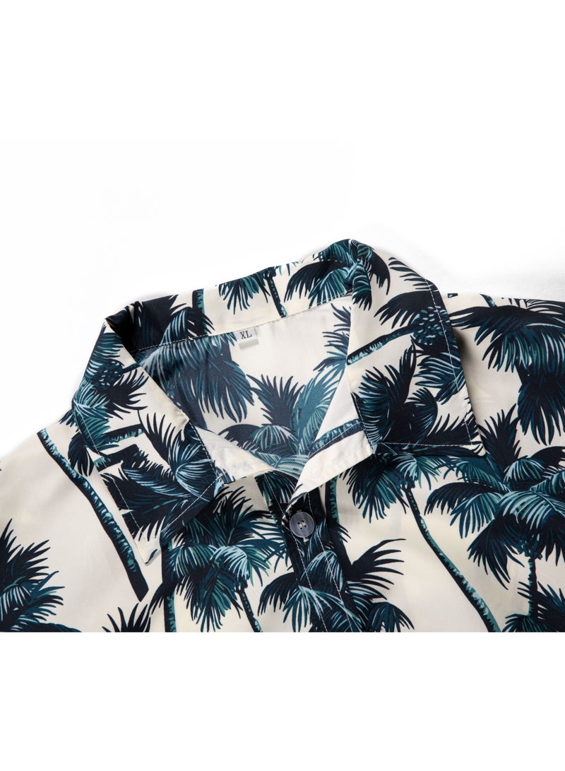 Loquat Leaves Printed Short Sleeves Shirt  Blue  - Image 3