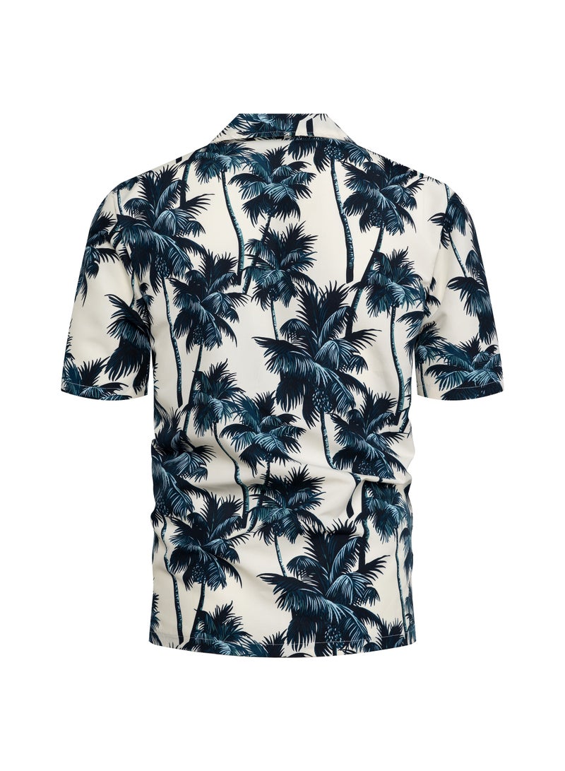 Loquat Leaves Printed Short Sleeves Shirt  Blue  - Image 2