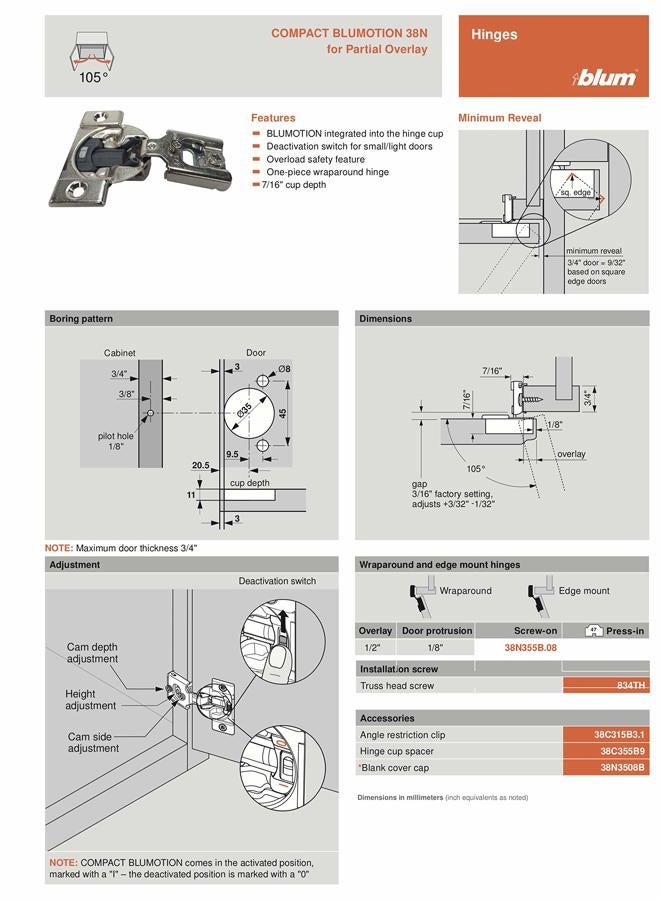 Blum 38N355B.08 Compact BLUMOTION 38N Hinge, Soft-Close, 105 Degree, 1/2 Overlay, Screw-on (4) - Image 5
