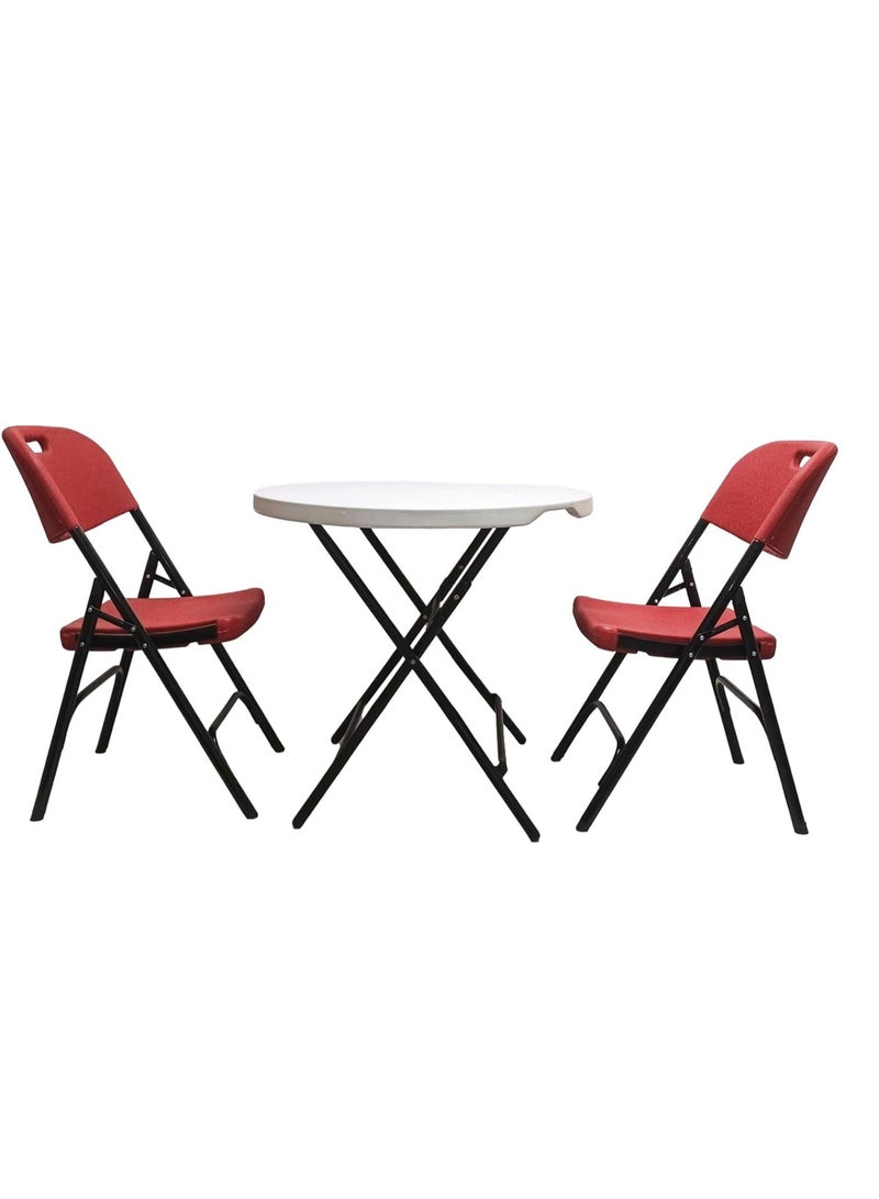 Folding Table and Chair Set, 3 Pieces, Round Table 80 cm, 2 Red Chairs - Image 1