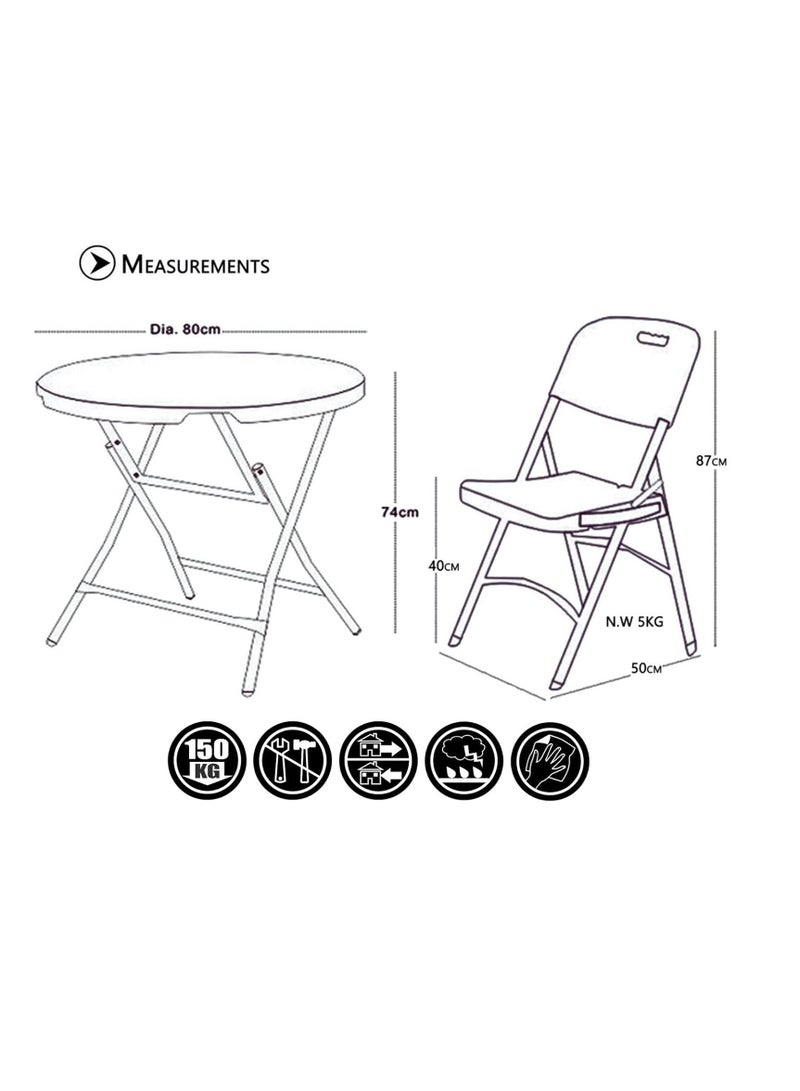 Folding Table and Chair Set, 3 Pieces, Round Table 80 cm, 2 Red Chairs - Image 5