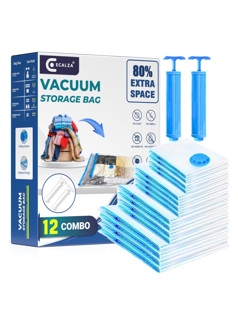 Vacuum Storage Bags - Pack of 12 (2Jumbo/3 Large/3 Medium/3 Small /2 Pumps) Re-usable Travel Compression Storage Bags For Clothes, Comforters & Blankets - Space Saver Bags with Hand Pump - Image 1