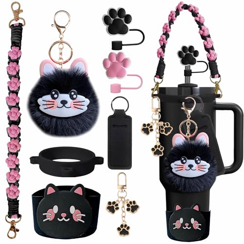 FRZSHENG 8PCS Black Cat Accessories for Stanley Cup 30/40oz Tumbler, Paw Straw Topper, Silicone Boot, Handle Strap, Cute Cup Charms Set - Image 1