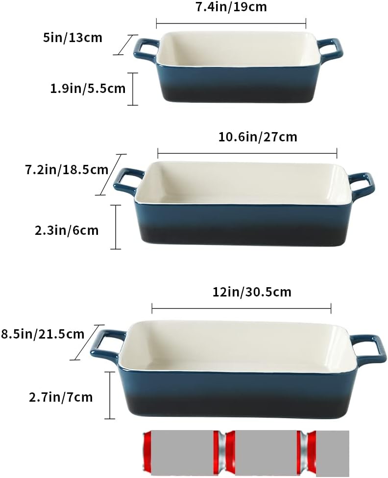 KOOV Bakeware Set, Ceramic Baking Dish, Rectangular Baking Pans Set, Casserole Dish for Cooking, Cake Dinner, Kitchen, Wrapping Upgrade, 12 x 8.5 Inches, 3-Piece (Gradient Blue) - Image 3