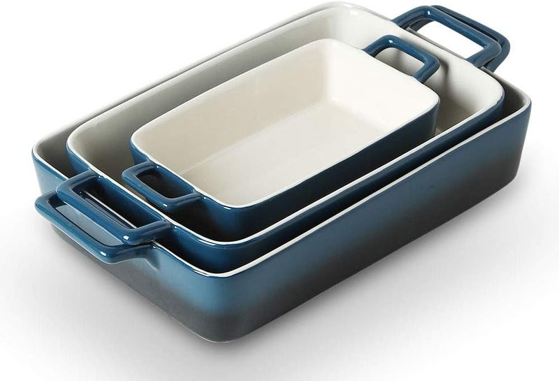 KOOV Bakeware Set, Ceramic Baking Dish, Rectangular Baking Pans Set, Casserole Dish for Cooking, Cake Dinner, Kitchen, Wrapping Upgrade, 12 x 8.5 Inches, 3-Piece (Gradient Blue) - Image 1