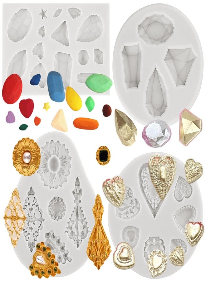 MINFEIDMS Gem Diamond Silicone Mold Jewelry Brooch Fondant Molds For Cake Decorating Cupcake Topper Candy Chocolate Polymer Clay Gum Paste Set of 4 - Image 1