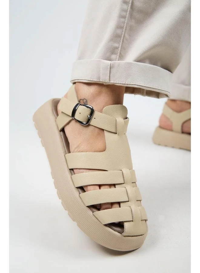 Rosa Women's Genuine Leather Caged Buckle Beige - Leather Sandal.
