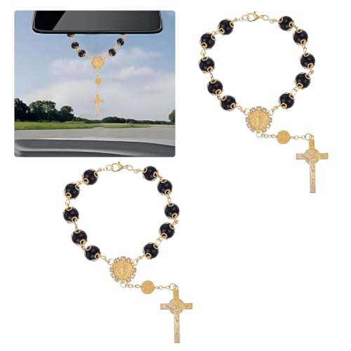 ZIMISI 2PCS Car Rosary for Rearview Mirrors Personalized Blessing Automotive Rear View Mirror Charm Cross Rosary Hanging Ornament Car Mirror Hanging Accessories for Women Men Black - Image 1