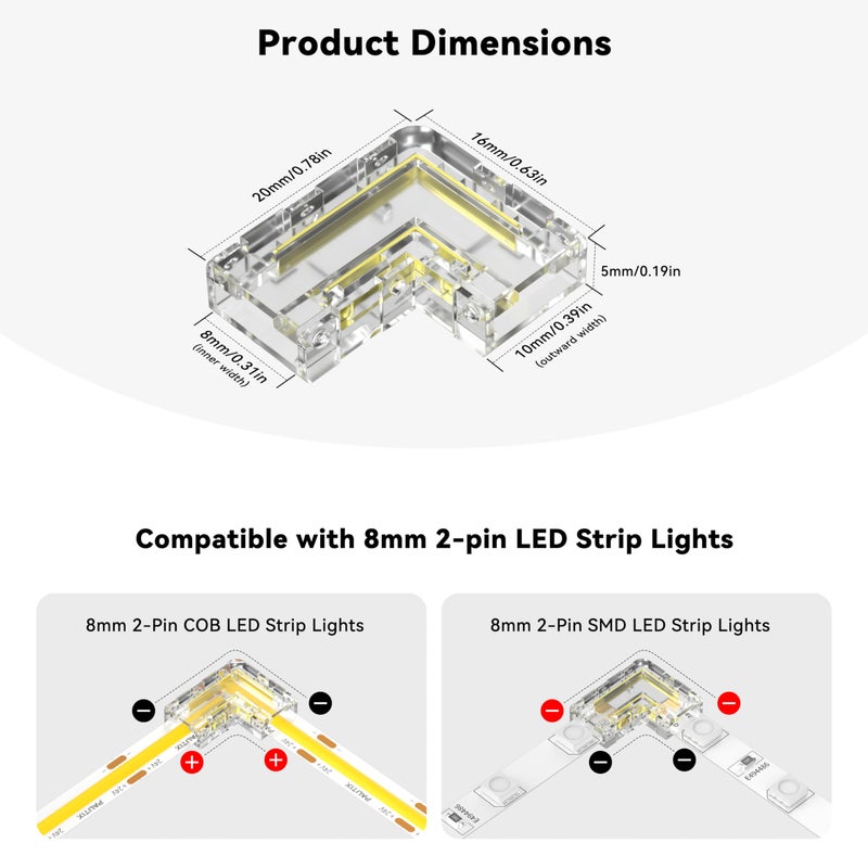 PAUTIX 8mm 2-Pin COB Connector 8pcs L-Shaped/Corner Connectors,Reusable Solderless Adapter Terminal Extension Connection,2pcs Gapless Strip to Strip Connectors for COB LED Strip Lights,SMD LED Strips - Image 4