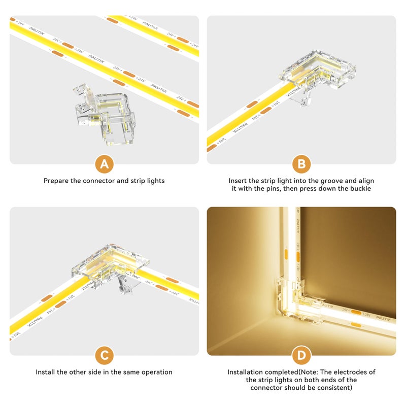 PAUTIX 8mm 2-Pin COB Connector 8pcs L-Shaped/Corner Connectors,Reusable Solderless Adapter Terminal Extension Connection,2pcs Gapless Strip to Strip Connectors for COB LED Strip Lights,SMD LED Strips - Image 5