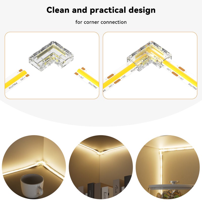 PAUTIX 8mm 2-Pin COB Connector 8pcs L-Shaped/Corner Connectors,Reusable Solderless Adapter Terminal Extension Connection,2pcs Gapless Strip to Strip Connectors for COB LED Strip Lights,SMD LED Strips - Image 2