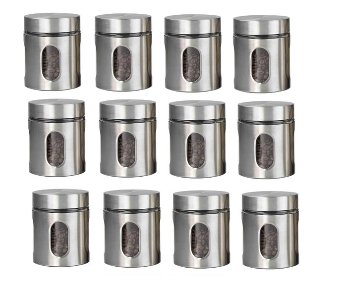 CLEAR GLASS STEEL WINDOW JARS FOR KITCHEN STORAGE 300 ML SET OF 12 PCS