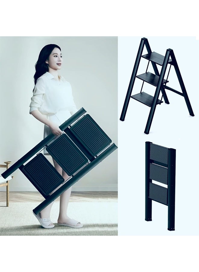 DUNISO Three-Step Ladder, Folding Ladder, Non-Slip Pedal, Multi-Functional Ladder Stool, Portable And Lightweight, Wide Non-Slip Pedal, Suitable For Home, Kitchen, Library, Office - Image 1