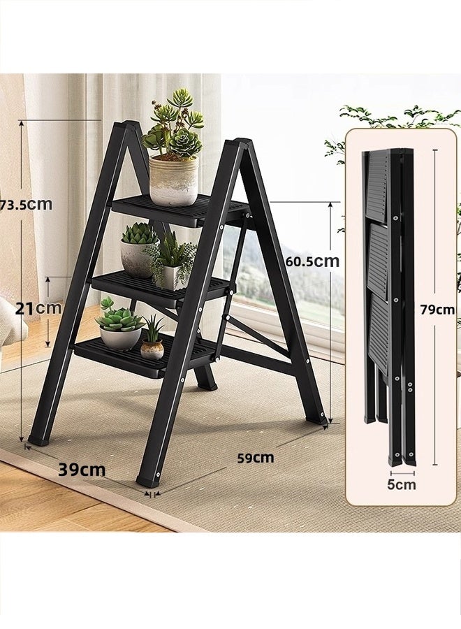 DUNISO Three-Step Ladder, Folding Ladder, Non-Slip Pedal, Multi-Functional Ladder Stool, Portable And Lightweight, Wide Non-Slip Pedal, Suitable For Home, Kitchen, Library, Office - Image 2