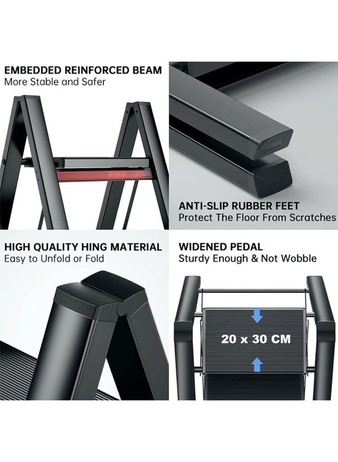 DUNISO Three-Step Ladder, Folding Ladder, Non-Slip Pedal, Multi-Functional Ladder Stool, Portable And Lightweight, Wide Non-Slip Pedal, Suitable For Home, Kitchen, Library, Office - Image 3