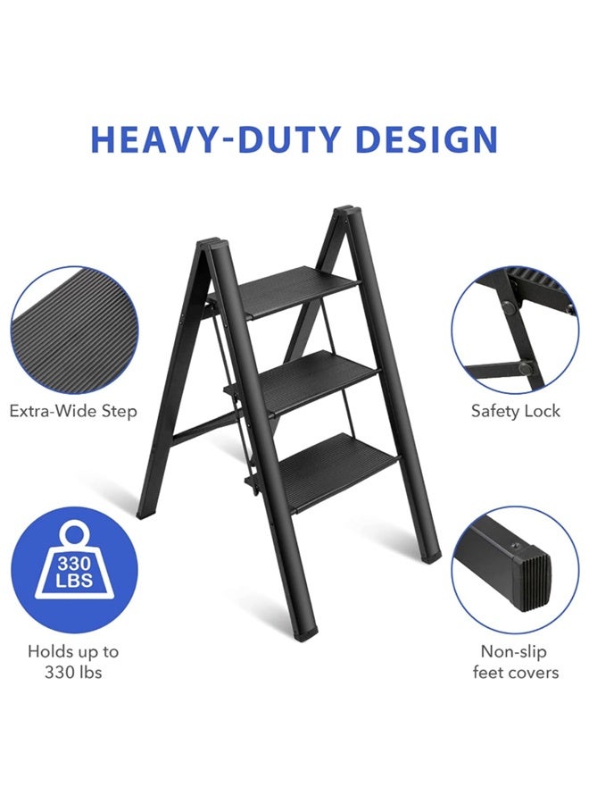 DUNISO Three-Step Ladder, Folding Ladder, Non-Slip Pedal, Multi-Functional Ladder Stool, Portable And Lightweight, Wide Non-Slip Pedal, Suitable For Home, Kitchen, Library, Office - Image 4
