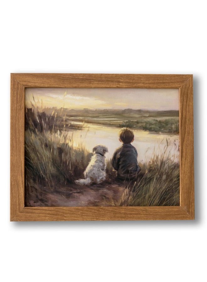JolyWell Framed Boy Fishing Wall Decor Painting, fall wall art Dog and Boy Landscape Canvas Vintage Country Farmhouse Prints Artwork 10x8 inch - Image 1