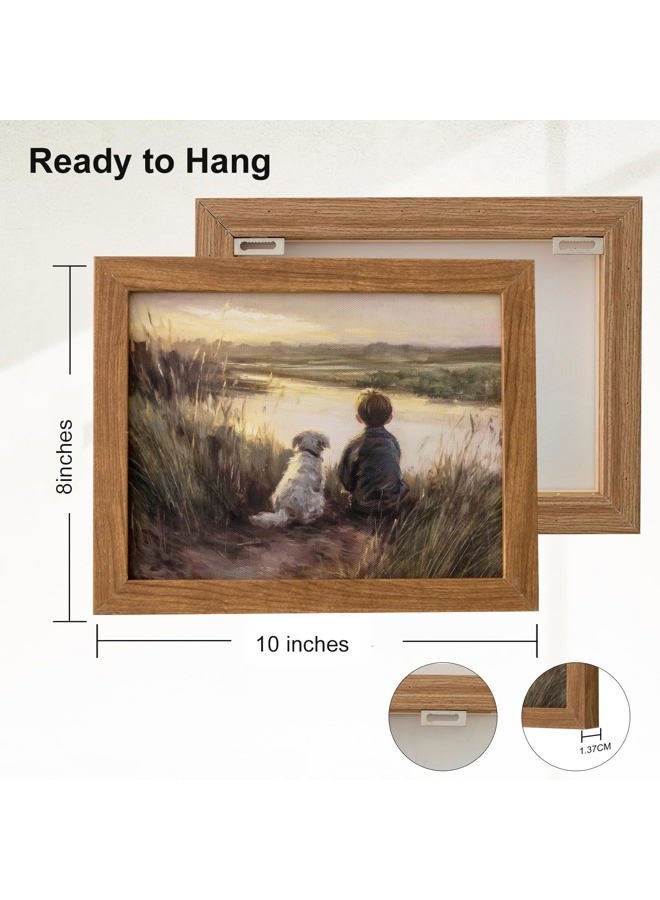 JolyWell Framed Boy Fishing Wall Decor Painting, fall wall art Dog and Boy Landscape Canvas Vintage Country Farmhouse Prints Artwork 10x8 inch - Image 2