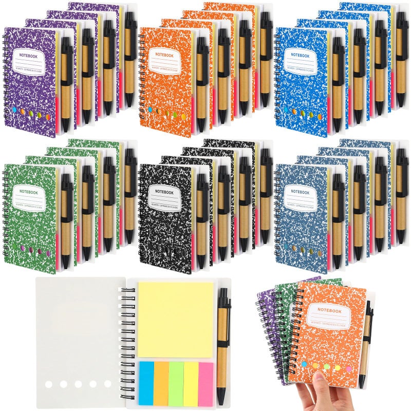 Dunzoom 24 Sets Spiral Notebook Bulk, Steno Pads Lined Notepad with Pen, Sticky Notes Colored Index Tabs, 5.2" x 4.1" Pocket Notebook for Home Business Office Supplies, 60 Sheets (Multicolor) - Image 1