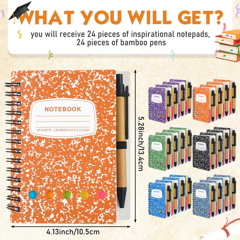 Dunzoom 24 Sets Spiral Notebook Bulk, Steno Pads Lined Notepad with Pen, Sticky Notes Colored Index Tabs, 5.2" x 4.1" Pocket Notebook for Home Business Office Supplies, 60 Sheets (Multicolor) - Image 2