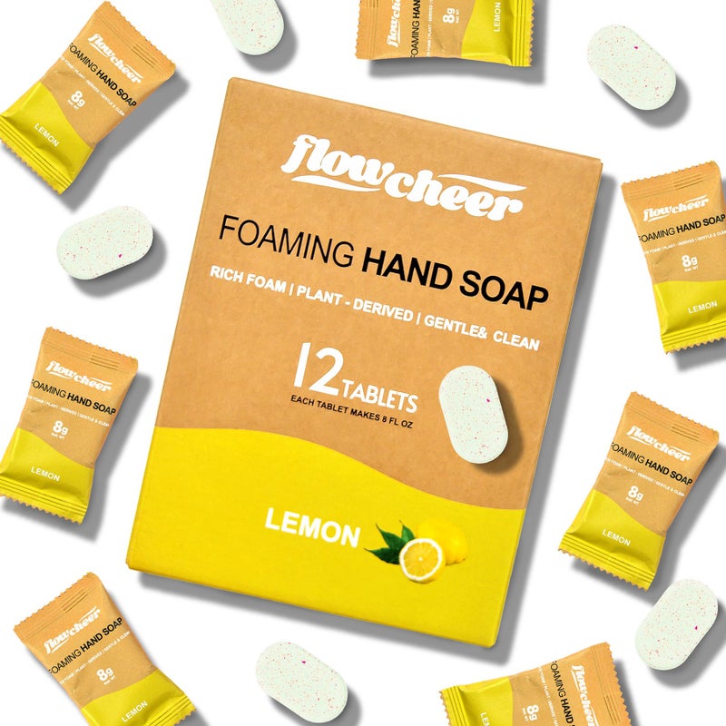 flowcheer Foaming Hand Soap Tablet Refills, 12 Pack (Makes 12 x 9 fl oz), Lemon Scented soap tablets, Fresh & Clean Handwash, No Plastic Bottle - Image 1