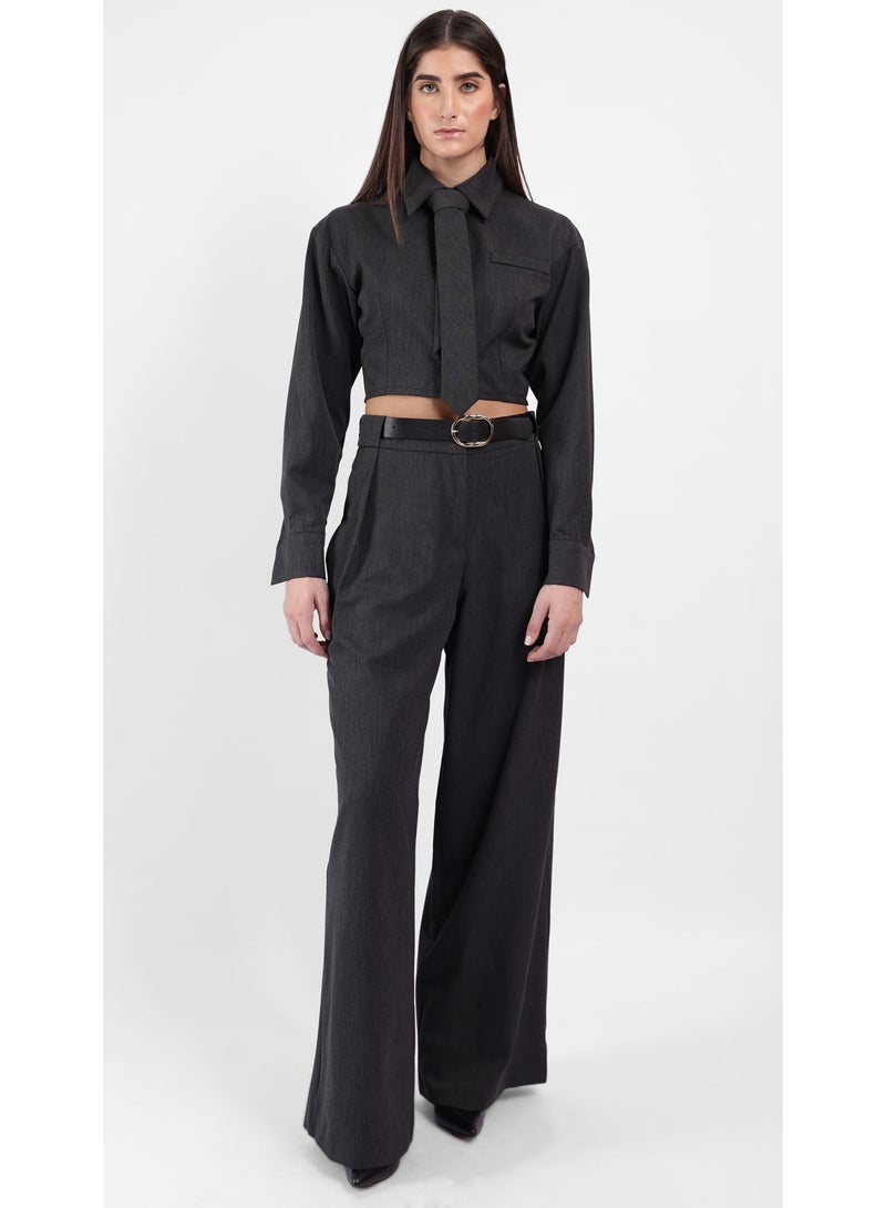 KYVELi Women’s Two-Piece Tailored Set – Cropped Long Sleeve Shirt with Tie & Wide-Leg Pants – Dark Grey - Image 1