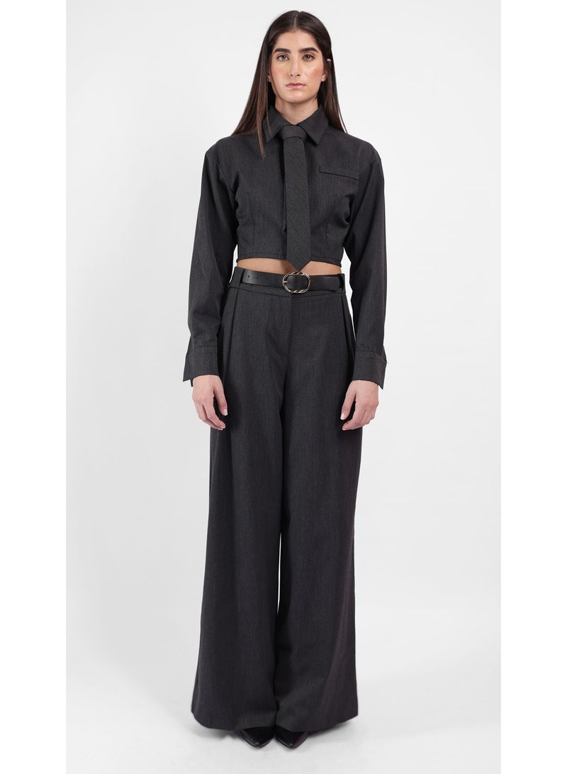 KYVELi Women’s Two-Piece Tailored Set – Cropped Long Sleeve Shirt with Tie & Wide-Leg Pants – Dark Grey - Image 2